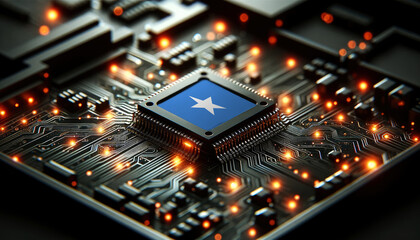 Fototapeta premium A microchip with the Somalia flag embedded on a circuit board, symbolizing Somalia technological innovation and advancement