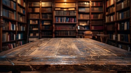 Antique Wooden Table in Dimly Lit Classic Library Setting for Product Showcase