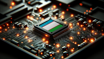 A microchip with the Uzbekistan flag embedded on a circuit board, symbolizing Uzbekistan technological innovation and advancement