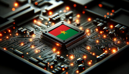 Fototapeta premium A microchip with the Burkina Faso flag embedded on a circuit board, symbolizing Burkina Faso technological innovation and advancement