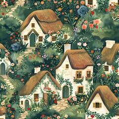 Enchanting Storybook Cottages Nestled in Verdant Pastoral Landscape with Thatched Roofs Floral Patterns and Nostalgic European Aesthetic