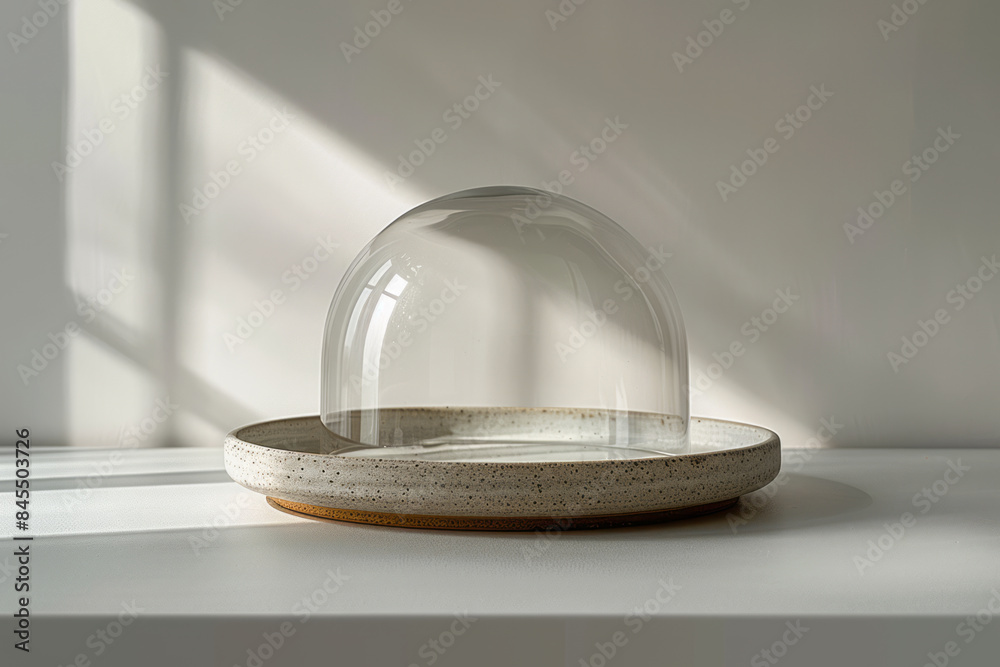 Poster minimal image of a plate with a small mirror under a cloche on a clean, light grey backdrop,