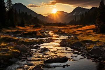 A serene mountain stream bathed in the warm glow of a setting sun.