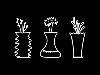 Doodle set of cute flowers in vases and pots isolated on black background. Hand drawn bouquet drawing. Vector illustration. Perfect for cards, decorations, logo.