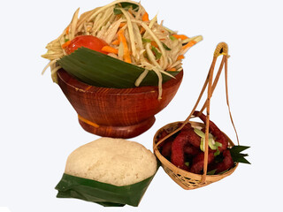 Papaya salad served with fried pork and sticky rice