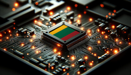 A microchip with the Lithuania flag embedded on a circuit board, symbolizing Lithuania technological innovation and advancement