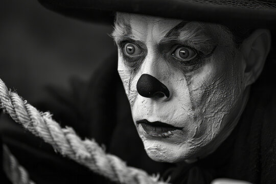 Minimalist black and white photo of a mime creating an illusion of pulling a rope,