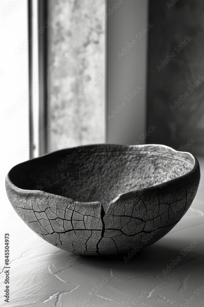Poster simple image of an asymmetrical handmade bowl, emphasizing its artistic flaws,