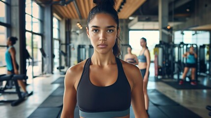 woman in an intense workout session at a gym. She has a focused, workout routine, athletic build
