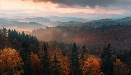 A beautiful autumn scene with a mountain range in the background