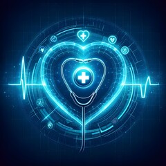 Futuristic digital stethoscope with heart shape and medical symbols on a dark blue background. Healthcare technology and innovation concept for design and print