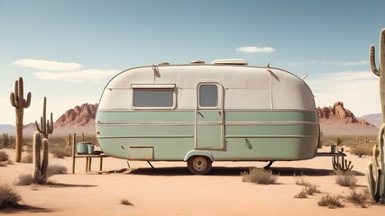 A deserted or ancient retro caravan surrounded by cacti and a blank billboard sign serving as a large banner copy space