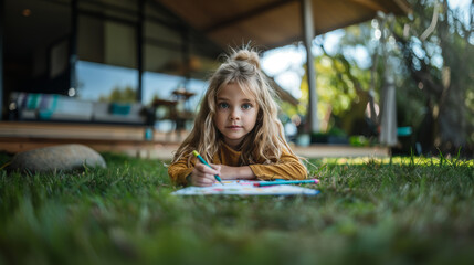 Cute Little Girl Drawing on Grass Outside a Cozy Home on a Sunny Day