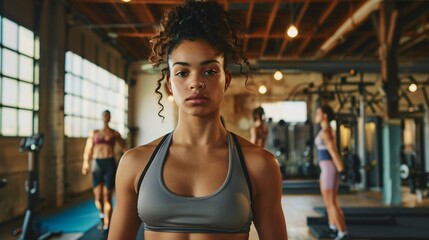 Fototapeta premium woman in an intense workout session at a gym. She has a focused, workout routine, athletic build