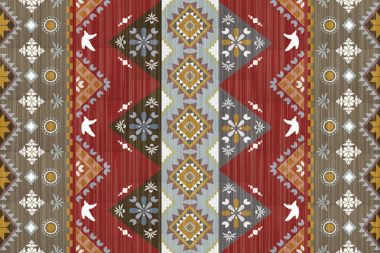 Carpet Ikat Navajo  tribal vector seamless pattern. Native American ornament. Ethnic South Western decor style. Ikat Boho geometric ornament. Vector seamless pattern. Mexican blanket, Woven carpet