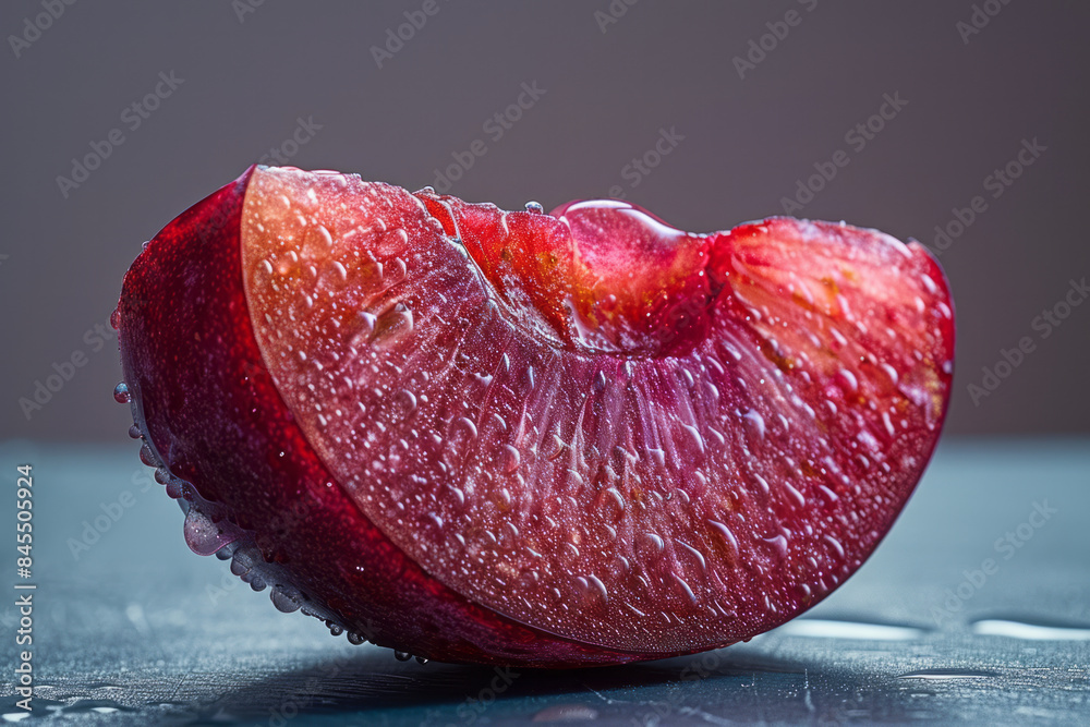 Poster minimalist image of a bitten plum on a plain dark background,