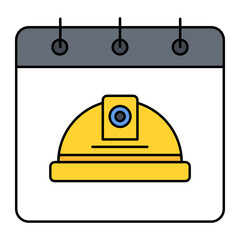 Calendar with Hard Helmet concept, construction themed Reminder or Scheduler vector outline design, Industrial EquipmentSymbol, 1st of May Sign,  International Workers Day stock illustration