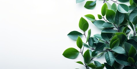 Obraz premium Verdant Frame: Green Leaves on the Right with Ample Space for Text on a White Background 