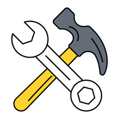 open-ended and ring ends Spanner crossed with Hammer concept, Handyman or Repairman Logotype vector outline design, Industrial EquipmentSymbol, 1st of May Sign,  International Workers Day stock illust