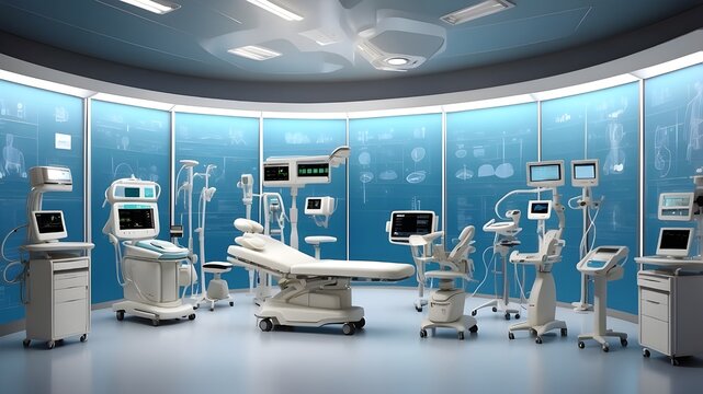 future emergency room or operating room including patient surgery, diagnostics, biometric information graphs, hospital services, and equipment shown as a broad banner with space for copy.