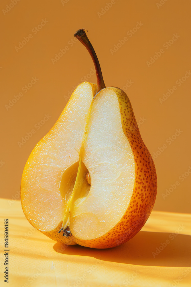 Aufkleber minimalist image of a bitten pear slice on a plain beige background,