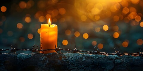 Yom HaSh Human Rights Scene Barbed Wire Fence, Candlelight, and Golden Bokeh. Concept Human Rights, Barbed Wire Fence, Candlelight, Golden Bokeh, Yom HaSh