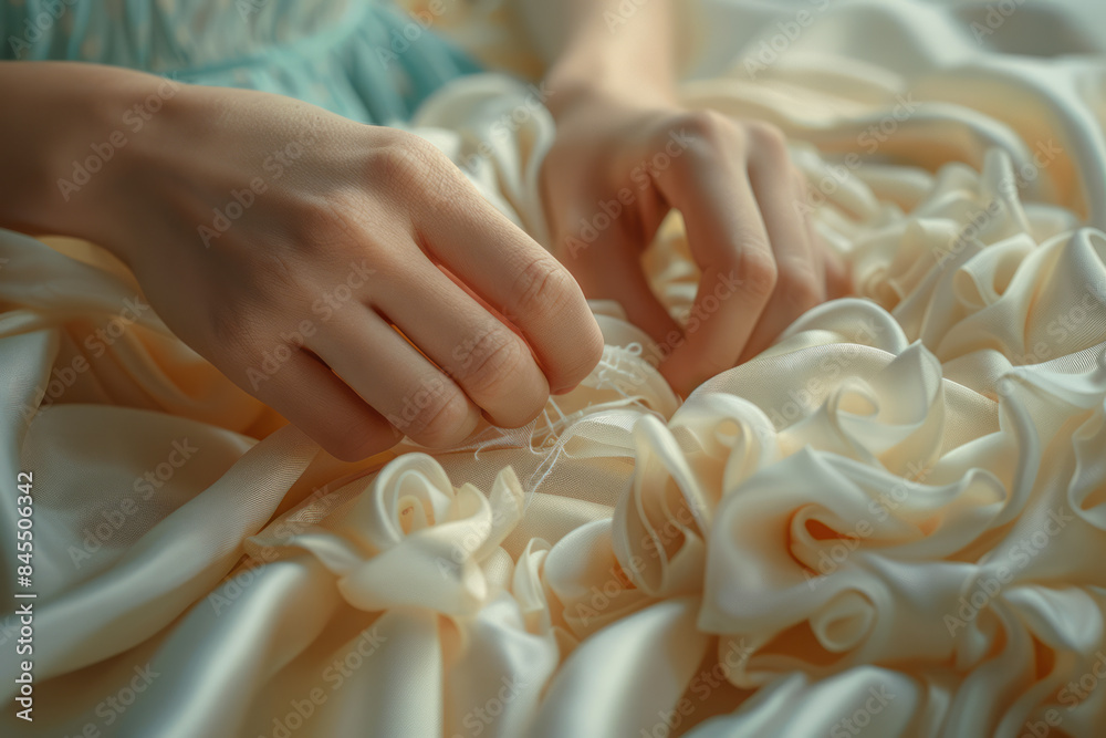 Poster minimalist image of a designer's hands sewing a garment with delicate, soft-colored threads.