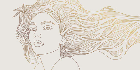 Vector gold woman portrait, line girl face illustration, fashion sketch. Nature, organic beauty products concept. Long hair lady, wall art, spa, salon logo