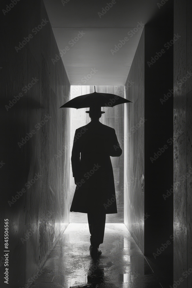 Aufkleber minimalist image of a doorman holding an umbrella for a guest in a minimalist entrance,