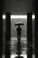 Minimalist image of a doorman holding an umbrella for a guest in a minimalist entrance,
