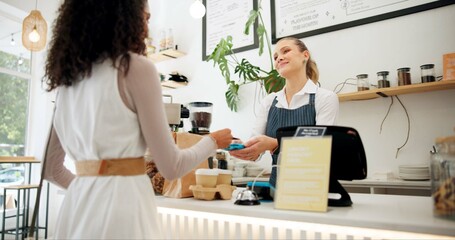 Credit card, barista or customer payment at coffee shop for food, drinks or meal at counter in cafe checkout. POS machine, waiter or employee in small business restaurant with woman or lady for lunch