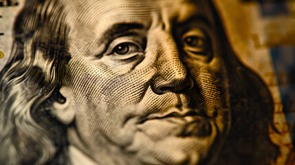 Close-up of Franklin's face on a one hundred dollar bill, detailed currency design, US money, financial symbol, intricate banknote, Generative AI