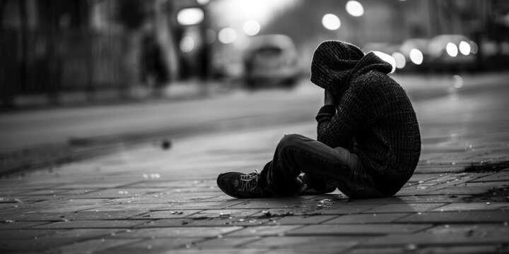 Despondent young person sitting on the ground, overwhelmed by the challenges before them. A dark, somber 4K wallpaper background captures a pessimistic, melancholic outlook on life.