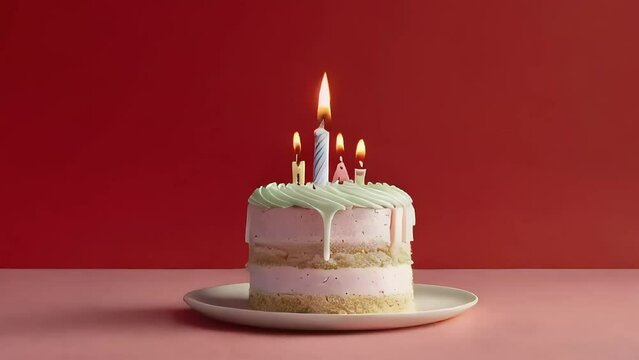 A minimalist birthday cake with smooth pastel frosting, a single candle, and a delicate "Happy Birthday" inscription, placed on a solid red background