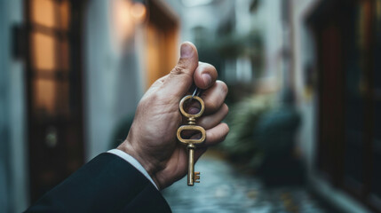 A businessman holds a key, which represents success in business. He is looking ahead to the future.