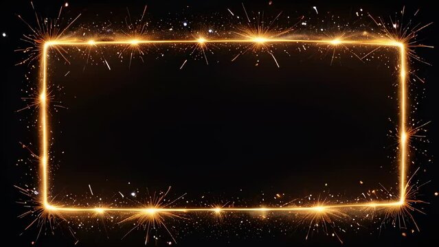 Golden sparkler frame on a black background. Space for text. Glowing festive border with sparkles. Concept of Christmas, celebration, festivity, fireworks, elegant design