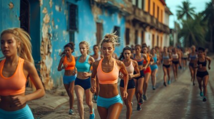 Diverse Group of Women Running Outdoors in Colorful Sportswear during Daytime