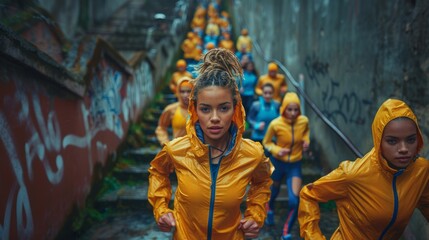 Naklejka premium High Angle View of a Diverse Group of Women Runners in Yellow Jackets on Graffiti Covered Stairs