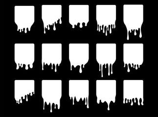 Set of drip square labels. Paint drip stickers. White paint liquid. White inkblot