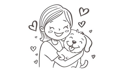 Joyful Woman Embracing Adorable Puppy in Loving Cartoon