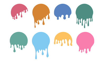 Set of colorful drips circle labels. Paint drip stickers. Current liquid and paint flows. Inkblot