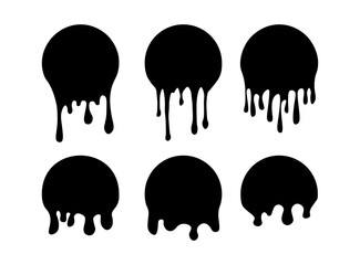 Set of drip circle labels. Paint drip stickers. Black paint liquid. Black inkblot