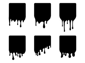 Set of drip square labels. Paint drip stickers. Black paint liquid. Black inkblot
