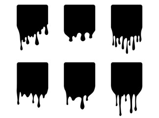 Set of drip square labels. Paint drip stickers. Black paint liquid. Black inkblot