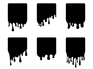 Set of drip square labels. Paint drip stickers. Black paint liquid. Black inkblot