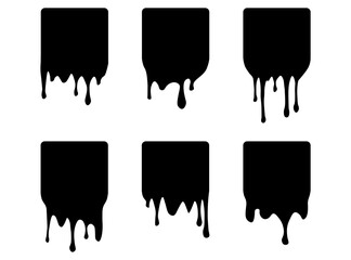 Set of drip square labels. Paint drip stickers. Black paint liquid. Black inkblot
