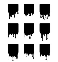 Set of drip square labels. Paint drip stickers. Black paint liquid. Black inkblot