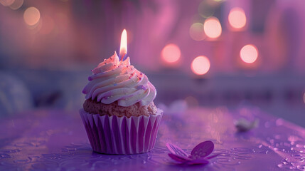A cupcake with a single candle is sitting on a purple table, celebrating a special occasion.
