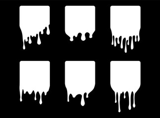 Set of drip square labels. Paint drip stickers. White paint liquid. White inkblot