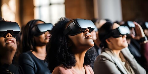 Attendees at a philanthropic event use VR to witness crypto donation impact. Concept Philanthropy, Virtual Reality, Crypto Donations, Impact Technology, Fundraising Event